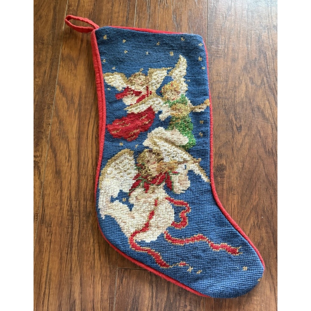 Vintage Christmas Stocking 22 Inch‎ Needlepoint Cross Stitch Winged Angel